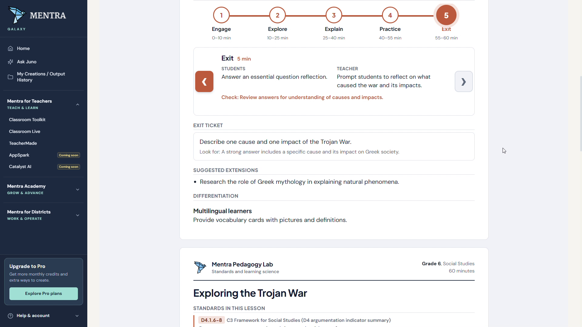 Mentra lesson flow screen