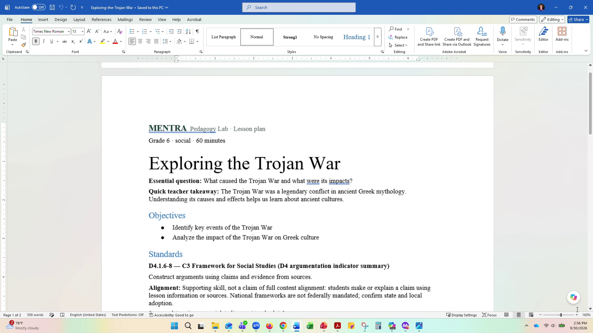 Mentra export lesson plan screen