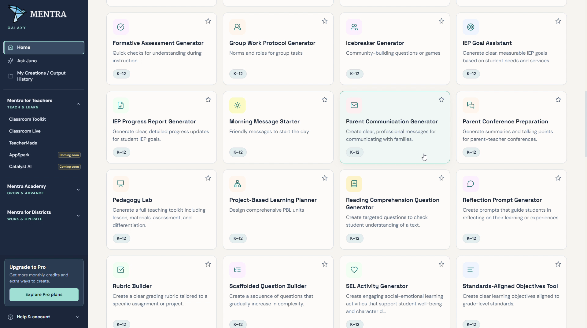 Mentra platform home screen with Juno and featured tools