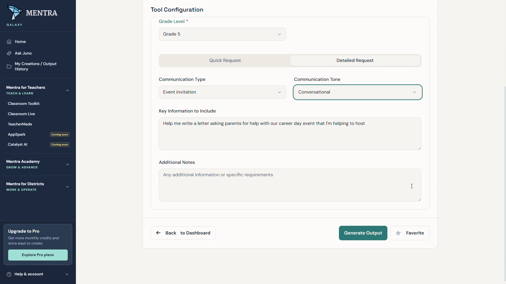 Mentra Parent Communication Generator tool setup screen