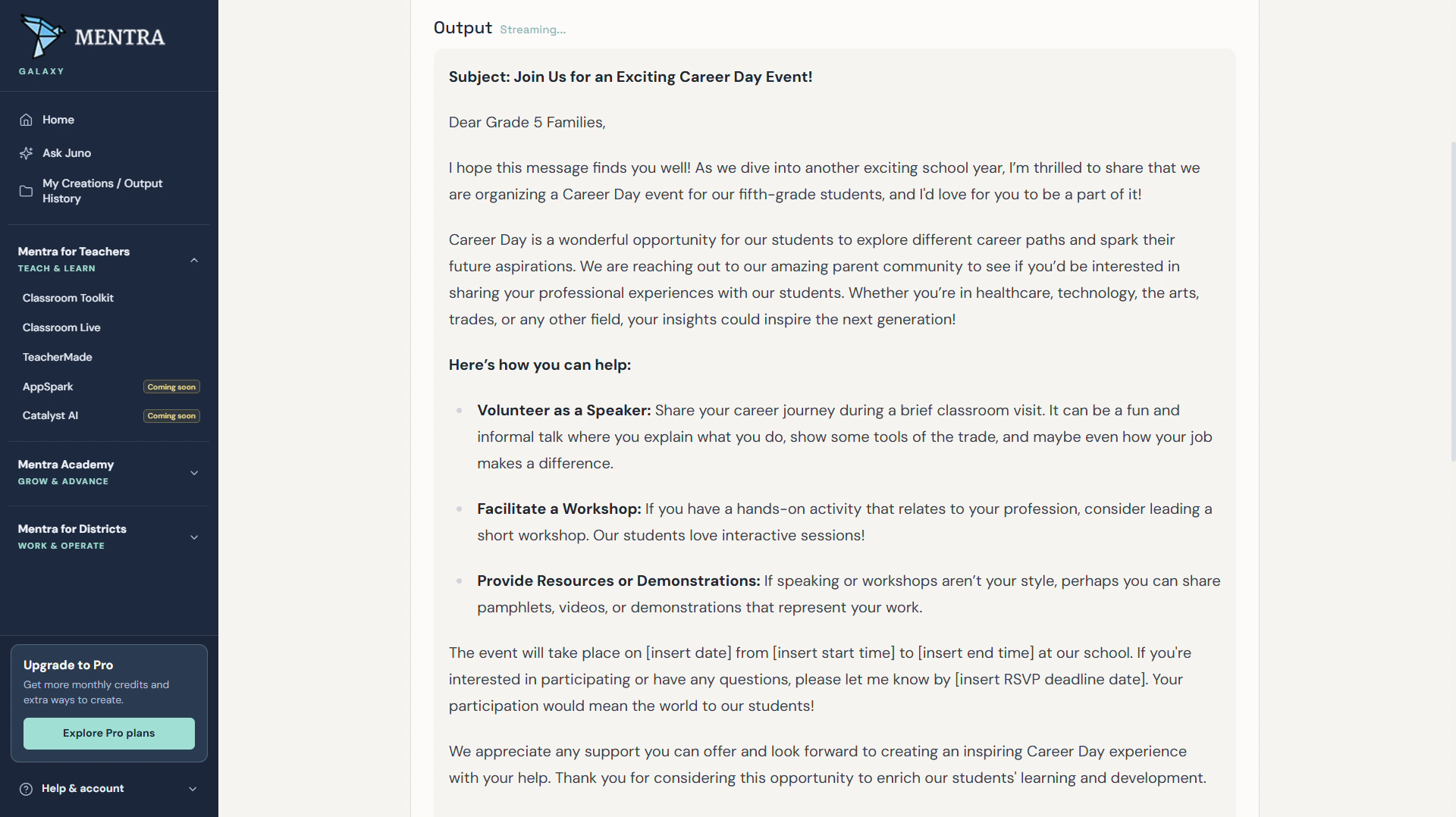 Mentra Parent Communication Generator detailed request example