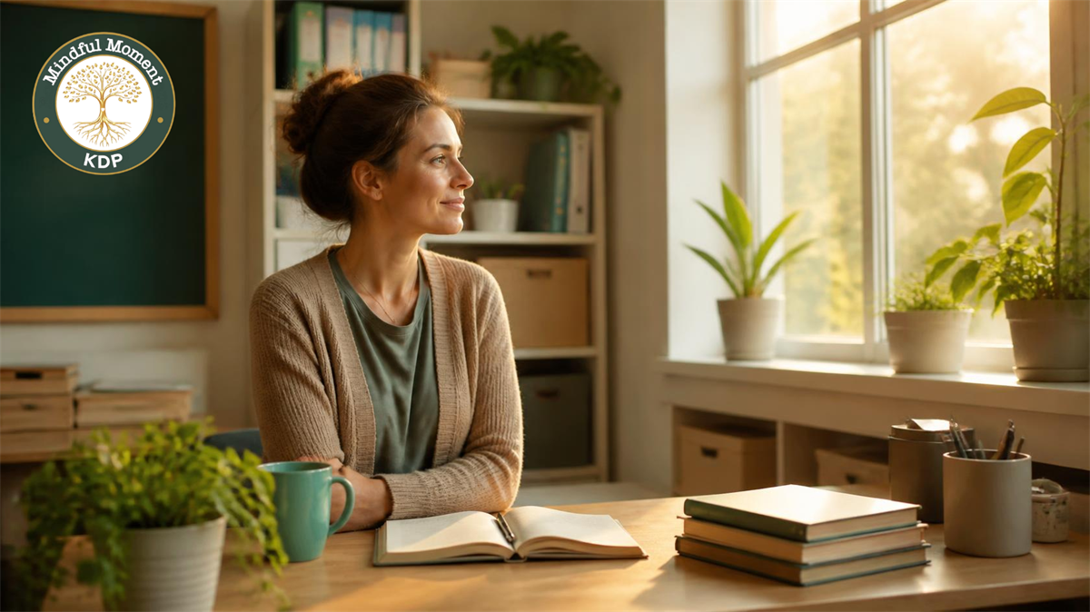 Teacher sitting at desk in peaceful setting