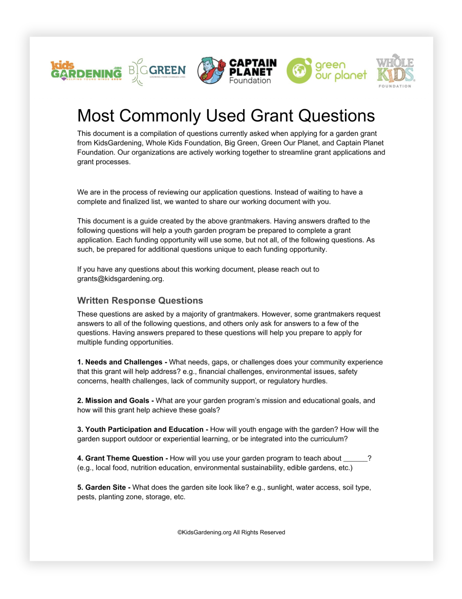 First page of the Most Commonly Used Grant Questions document
