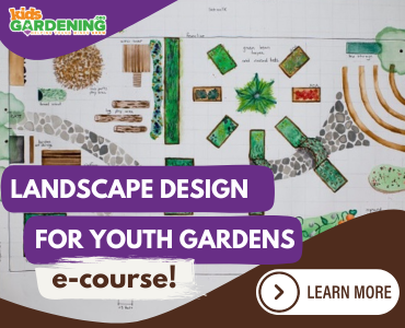Graphic with landscape drawing and words landscape design course for youth gardens e-course, learn more