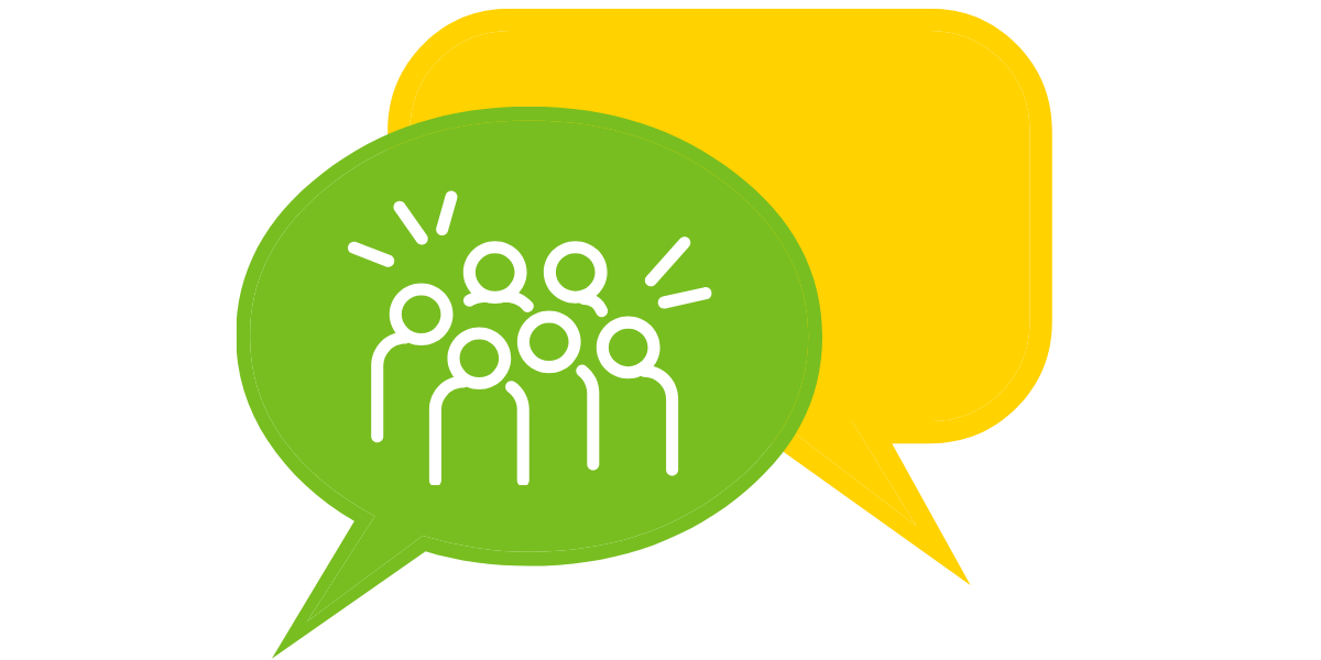 green quote bubble with people icon outlines in front of a yellow quote bubble