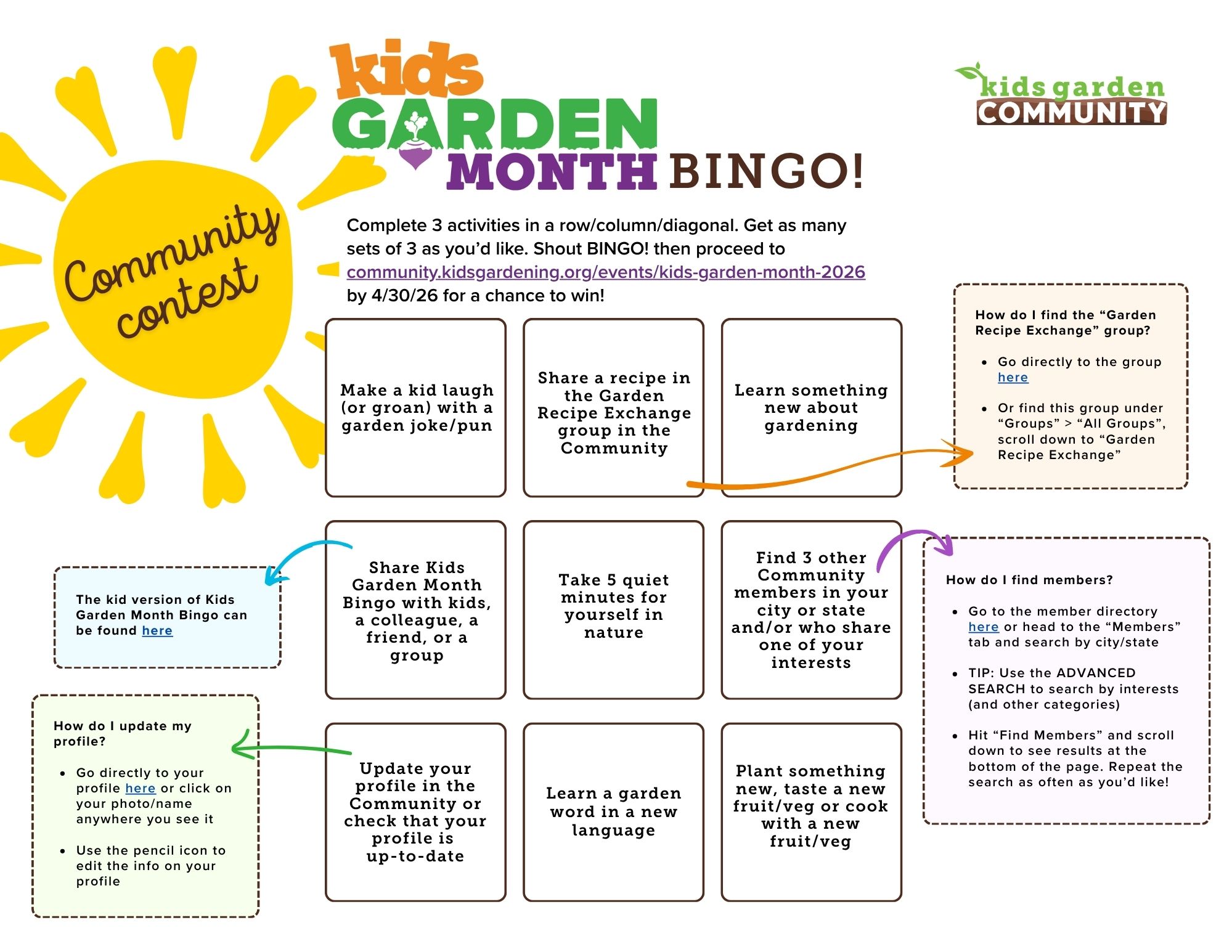 A bingo card with 9 squares and instructions for completing some of the activities