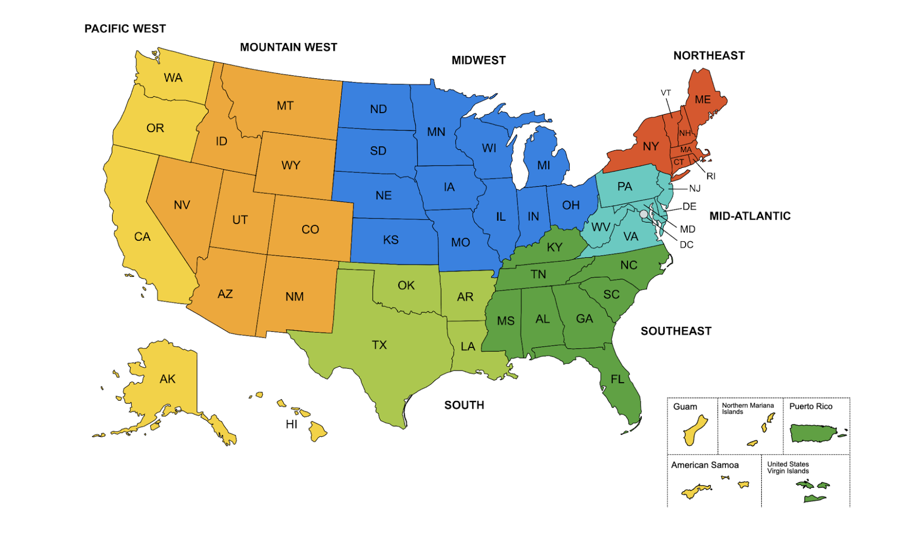 Map of the US states and territories color coded by regions