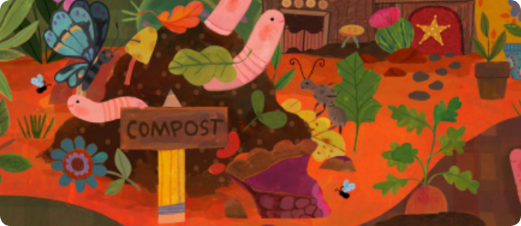 Child-like illustration of worms, soil, and vegetables with a sign that says compost