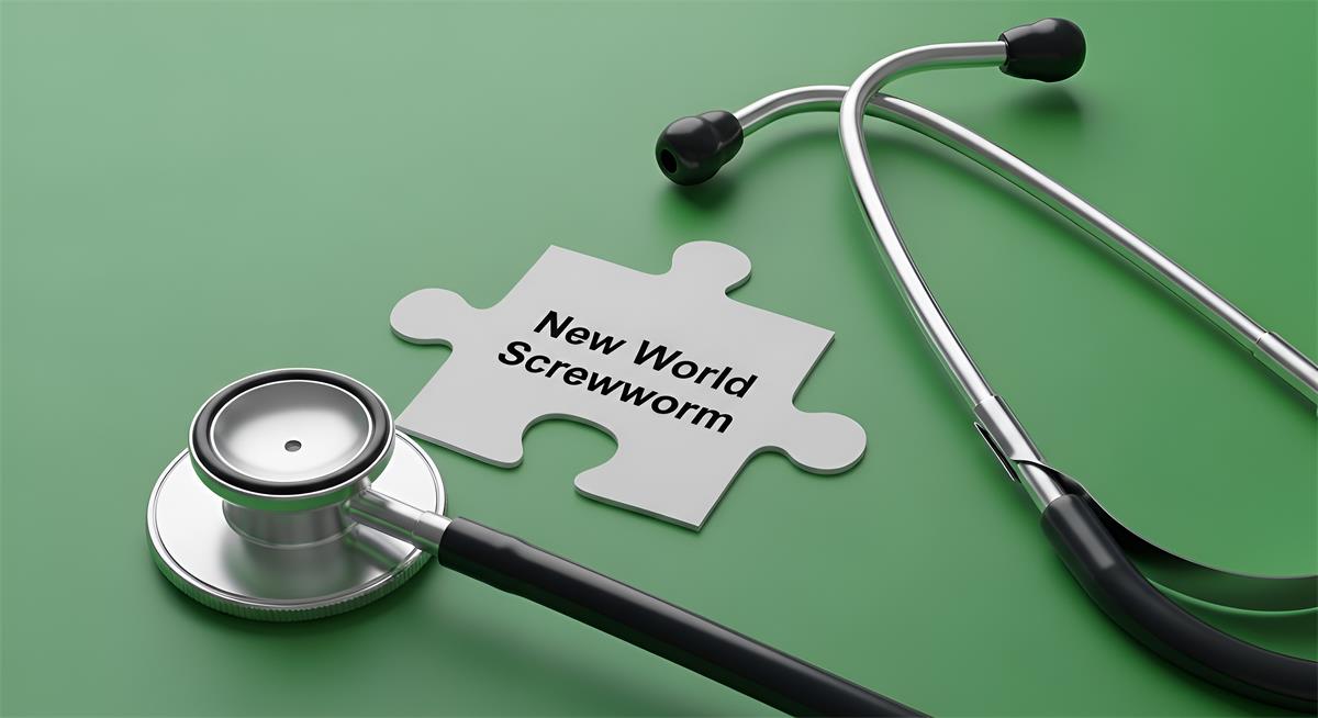 Stethoscope and  puzzle piece that reads, New World Screwworm