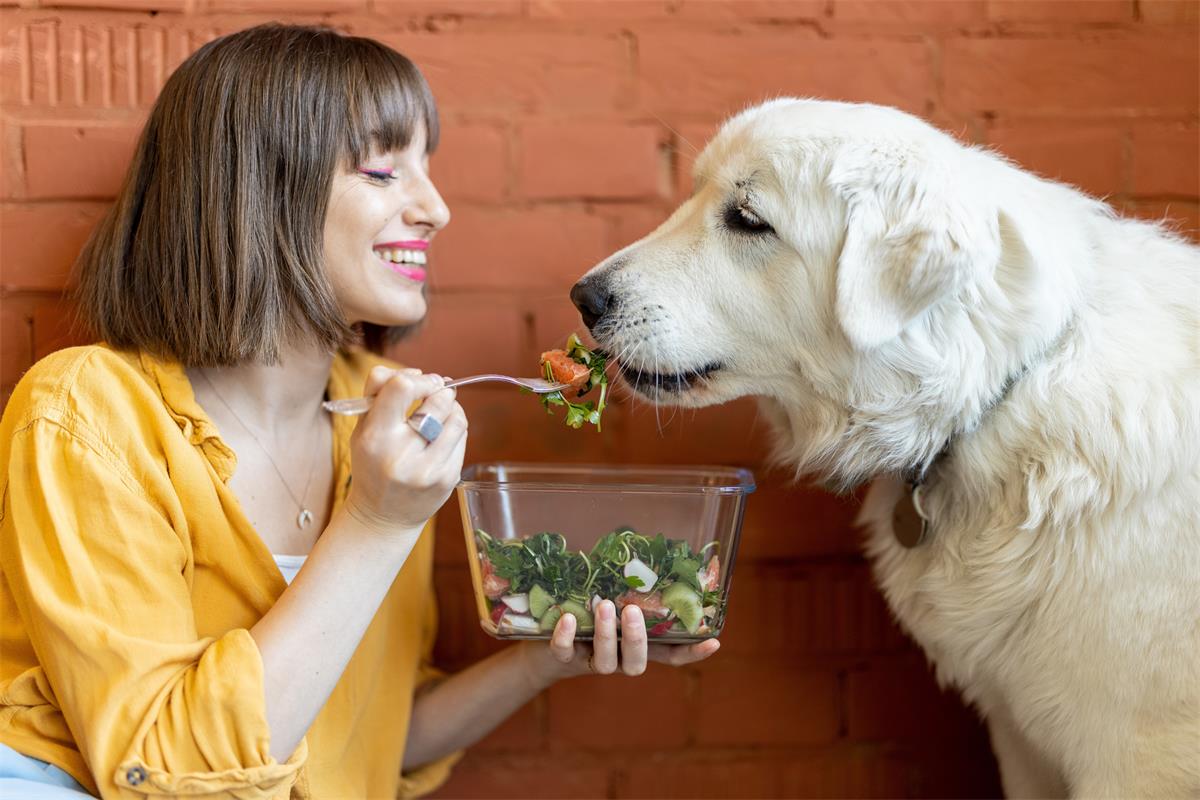 Young female is sharing her meal with her dog. 