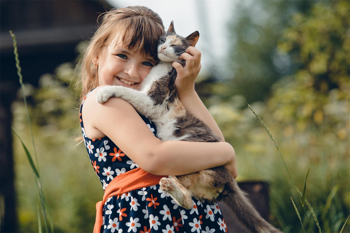 a little girl and her cat in the field embracing and celebrating summer