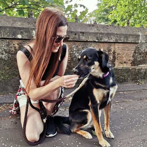 Rachel Malkani squars next to her black and tan dog
