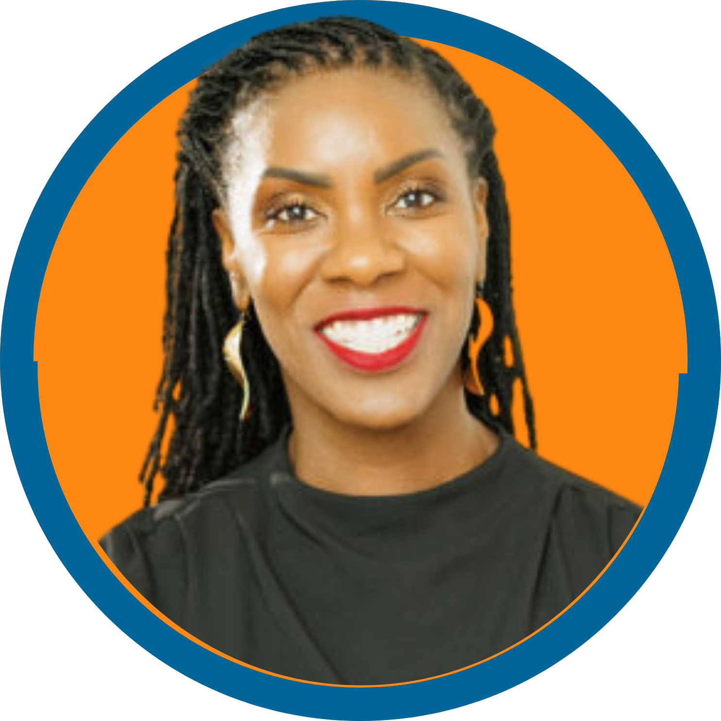 Image of a black women with black hair wearing a professional black dress, red lipstick, and gold dangly earrings