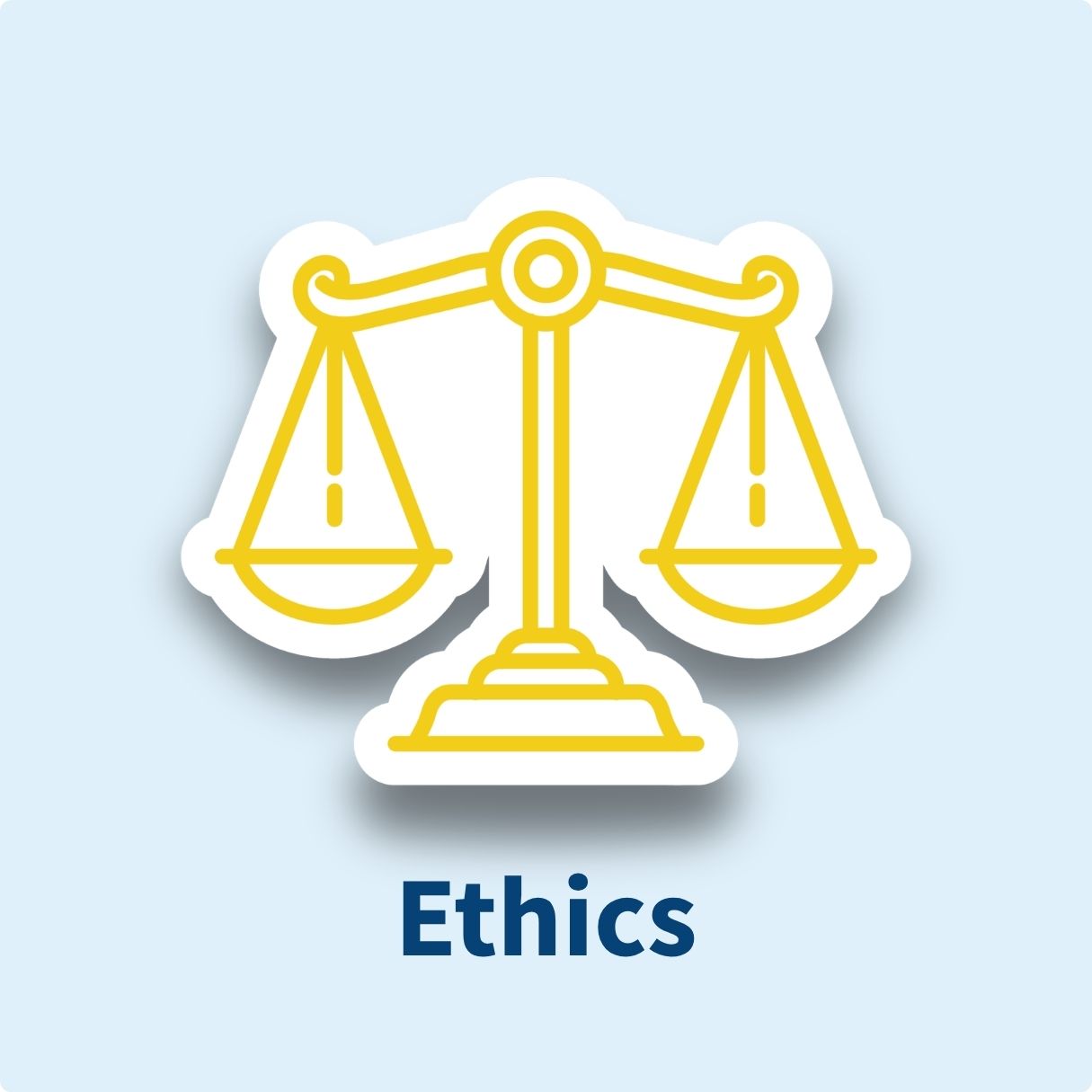 Blue box with a yellow and white icon of a scale with text under the icon that says "Ethics"