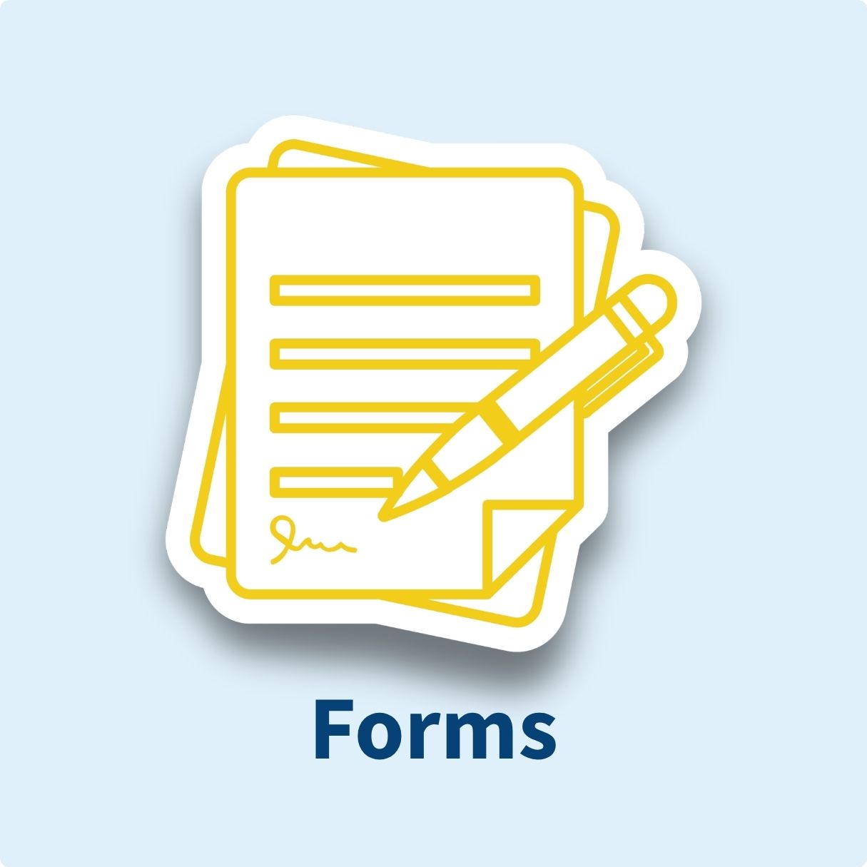 Blue box with a yellow and white icon of a stack of papers. The text under it says "Forms"