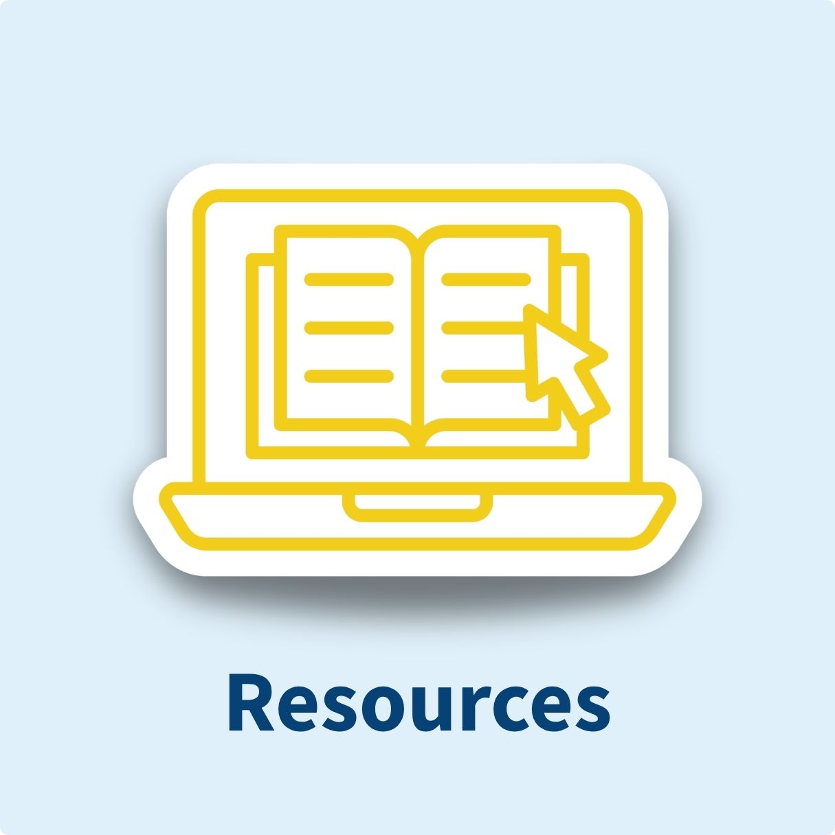 Blue box with a yellow and white icon of an open laptop. Under the icon, it says resources