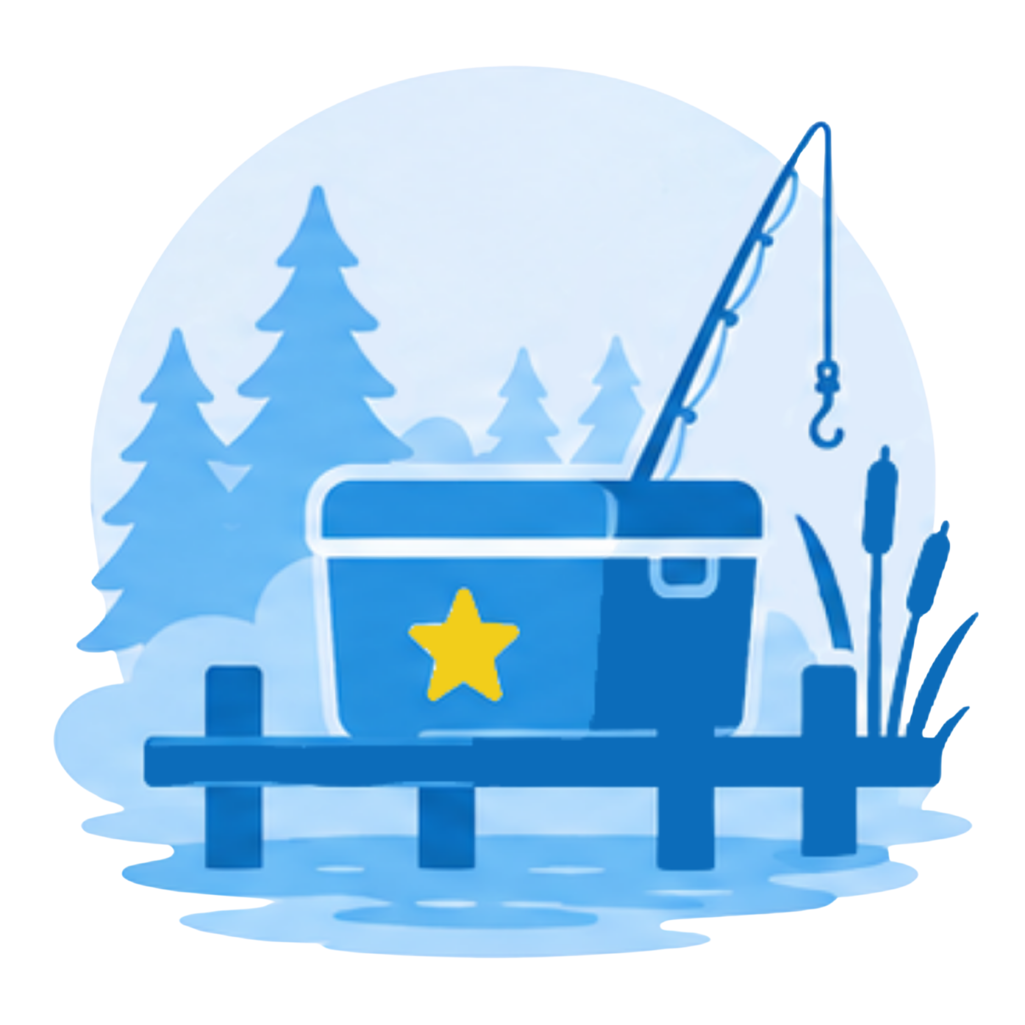 Graphic of a blue fishing pole and bait box with a yellow star on it