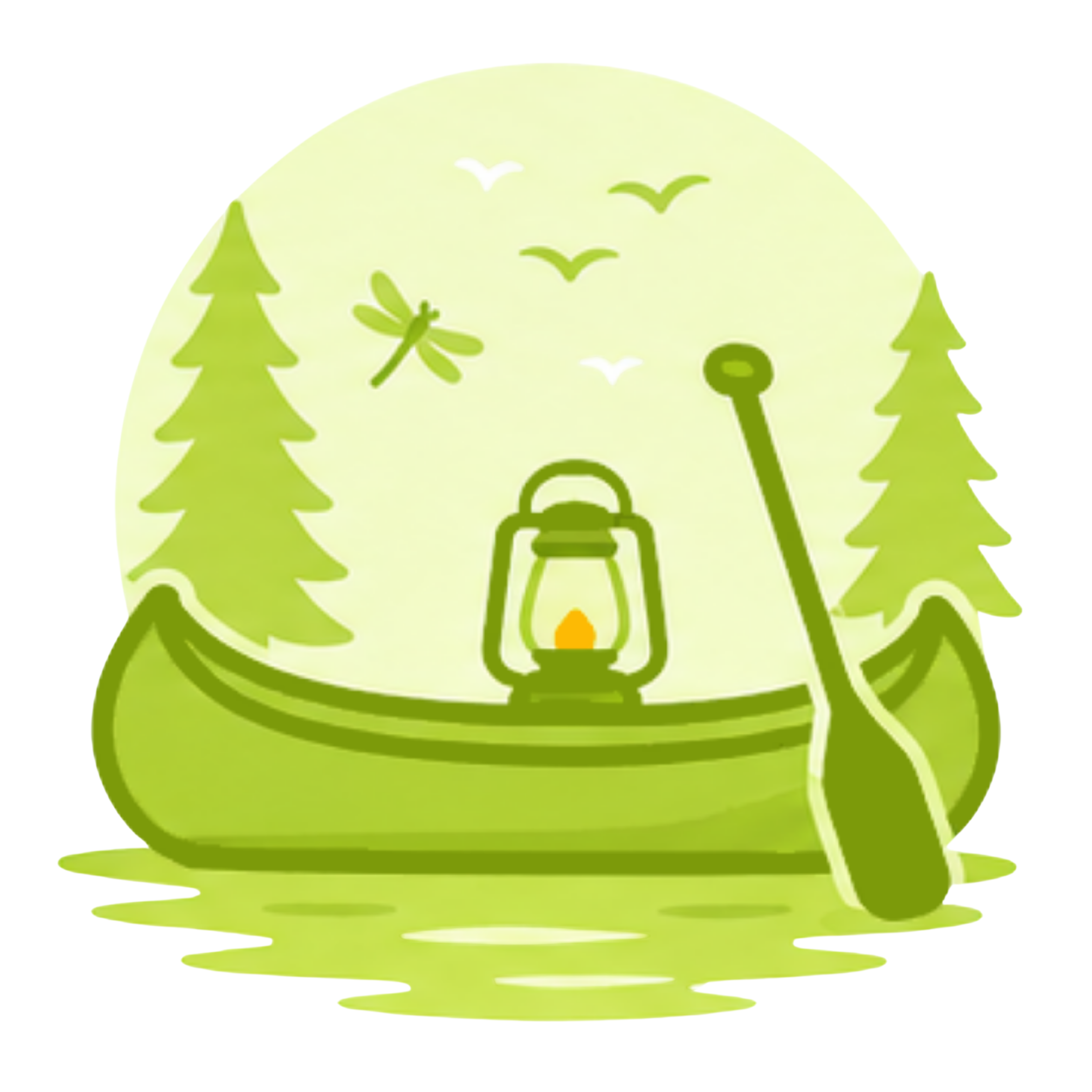 Green graphic of a canoe on a lake with an oar and a camping lamo