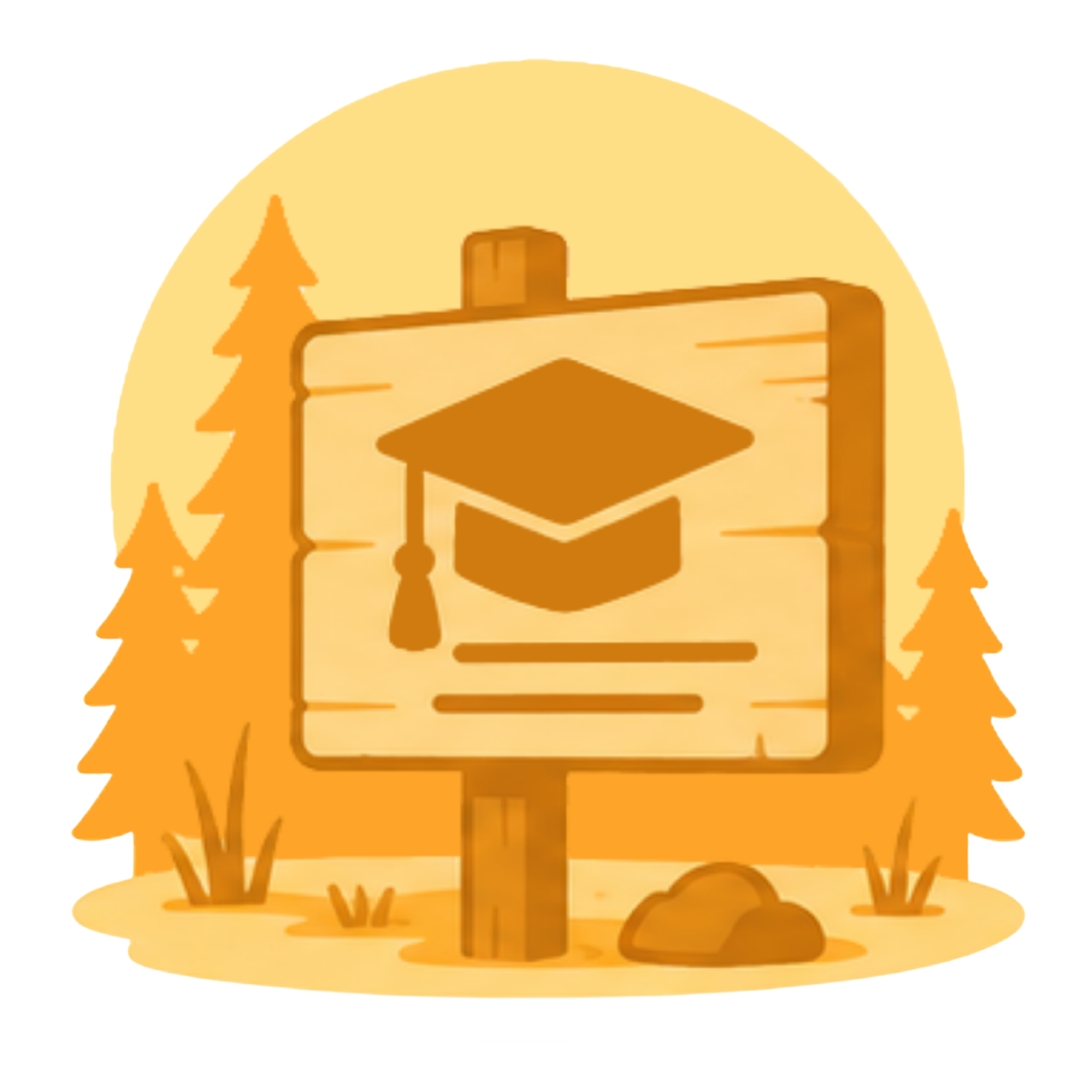 Orange graphic of a wooden sign in the woods with a graduation cap on it