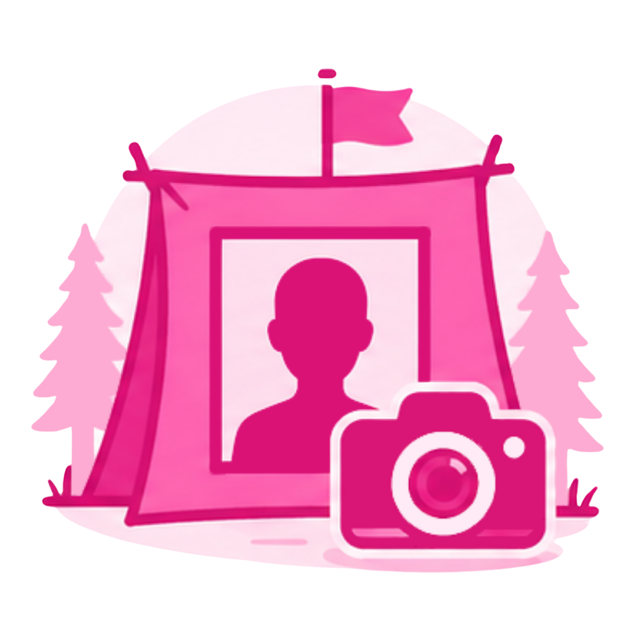 Pink Graphic of a tent with a headshot station inside of it