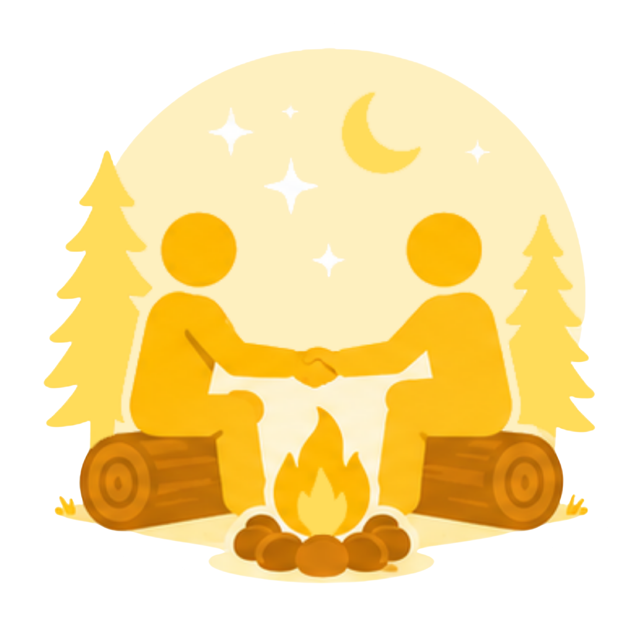 Yellow graphic of two people shaking hands around a campfire