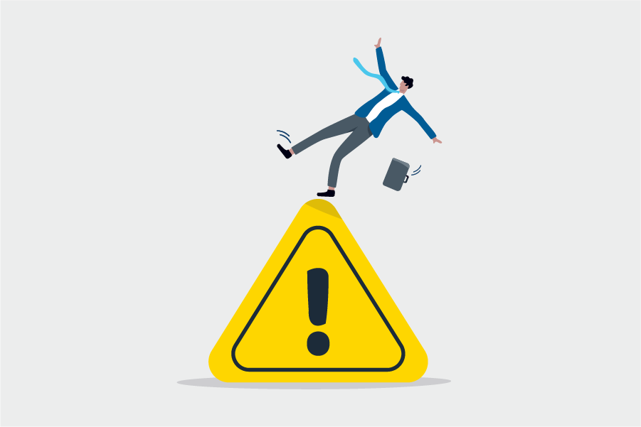 illustration of a business man falling off of an alert sign