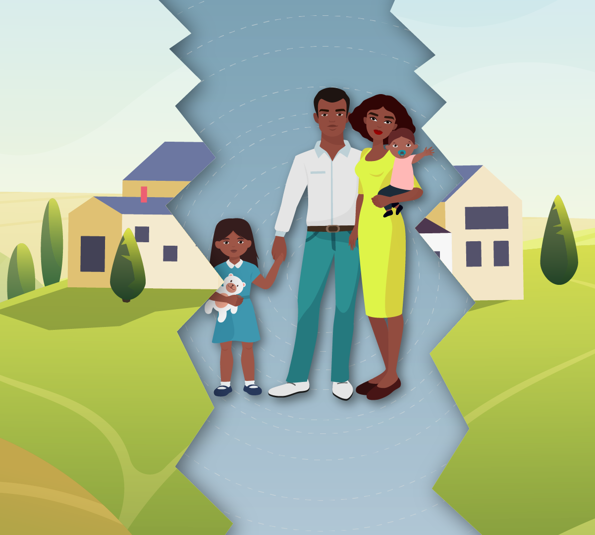 illustration of a black family in a photo with a division line down the middle