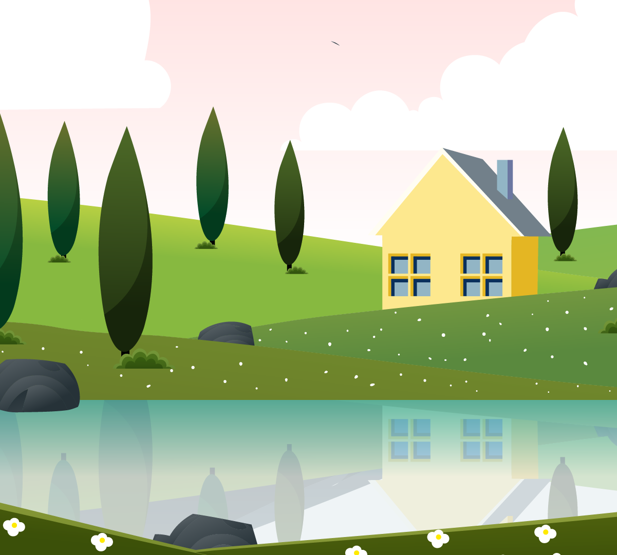 Yellow cabin over small body of water