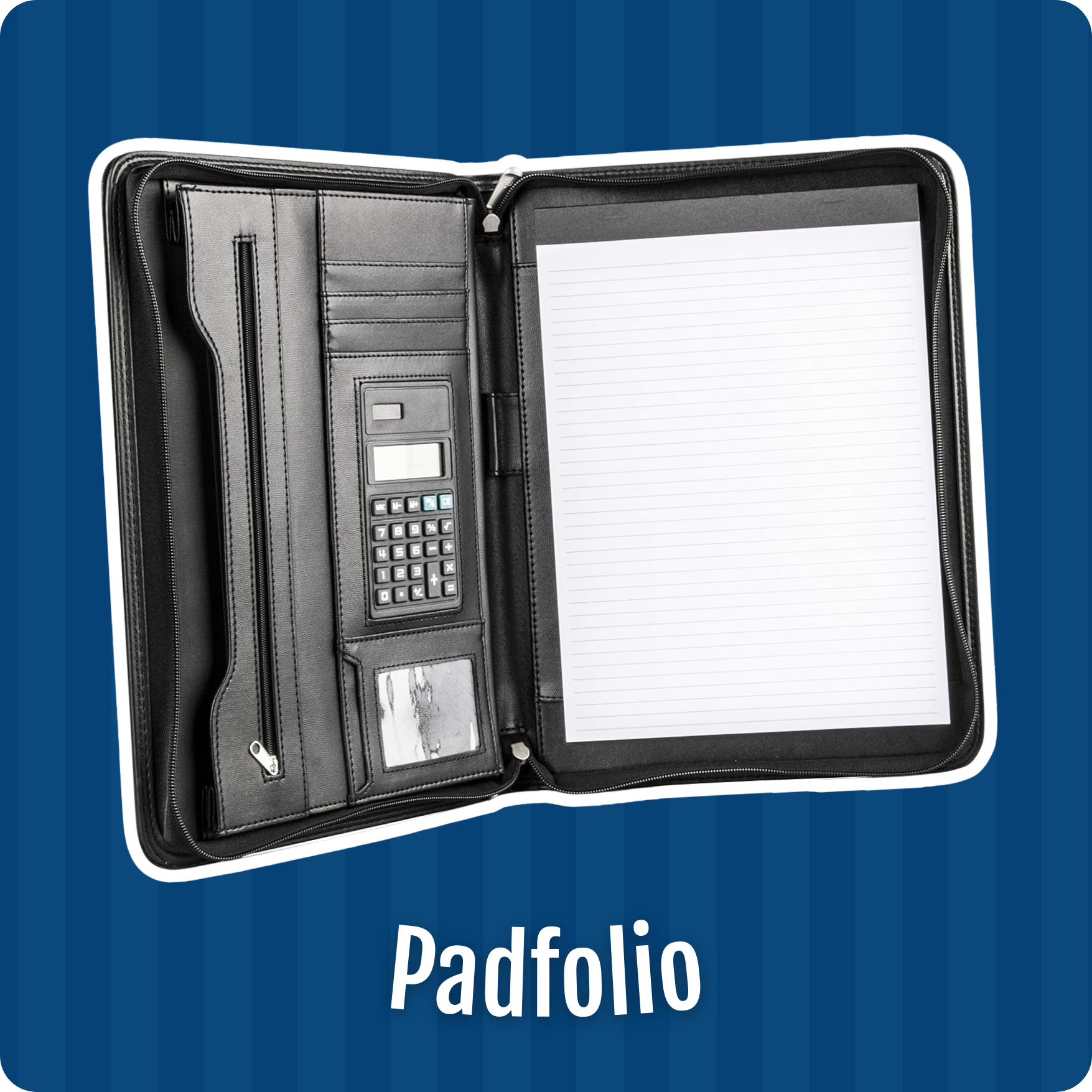 image of a black padfolio on a blue lined background 