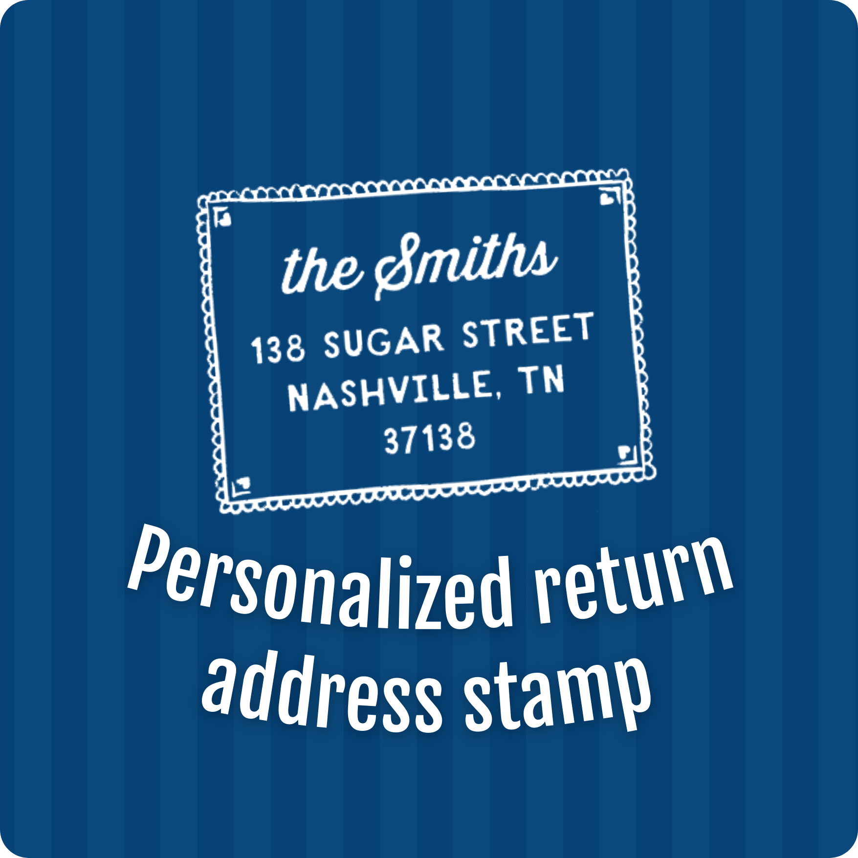 image of a white address stamp over a blue lined background