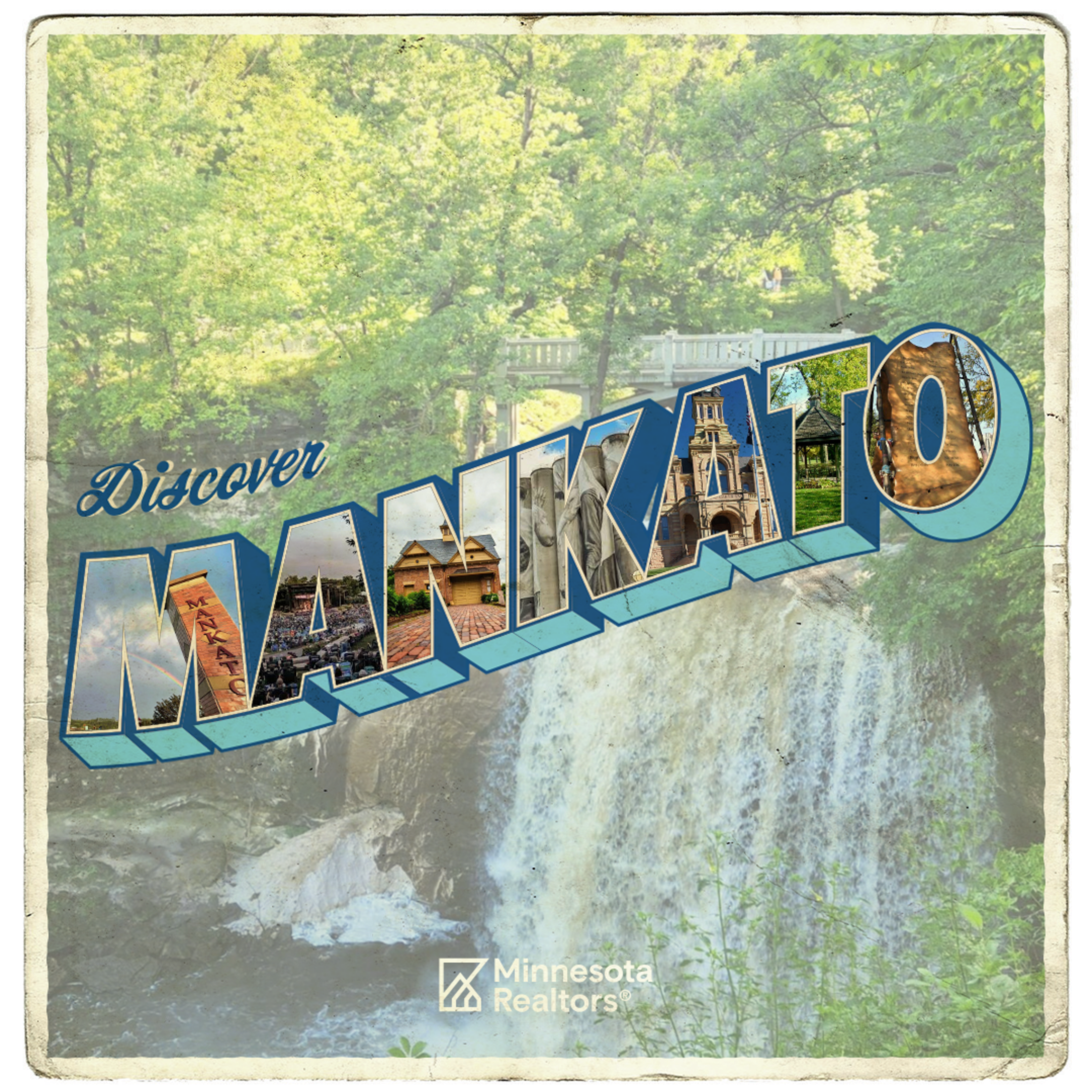 Vintage postcard-style image reads 