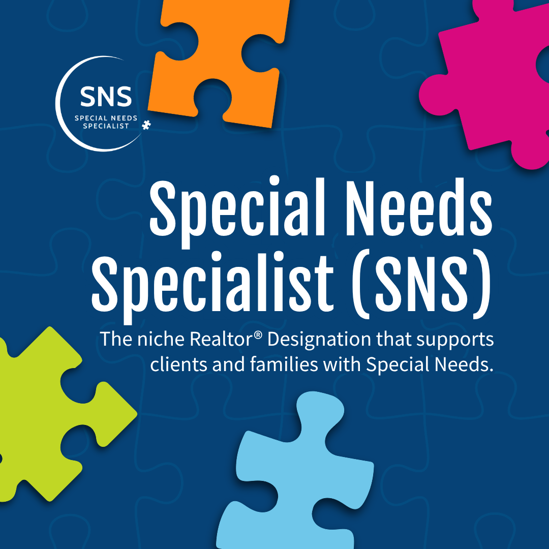 Graphic promoting the Special Needs Specialist designation, featuring colorful puzzle pieces and text describing the designation's support for clients and families with special needs.