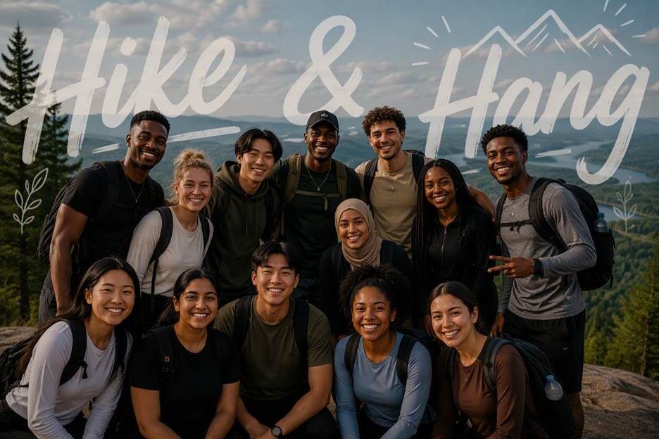 The image depicts a group of people wearing outdoor gear, likely hikers, posed against a backdrop of mountains and trees, with a clear sky above.

AI-generated content may be incorrect.