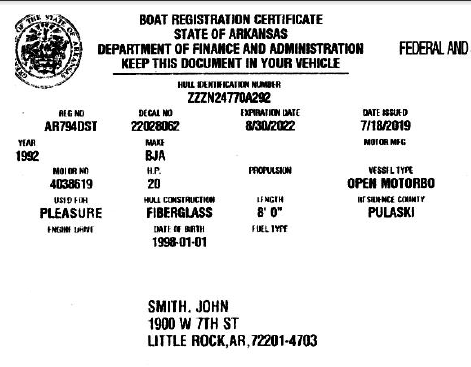 Arkansas State Registration Card