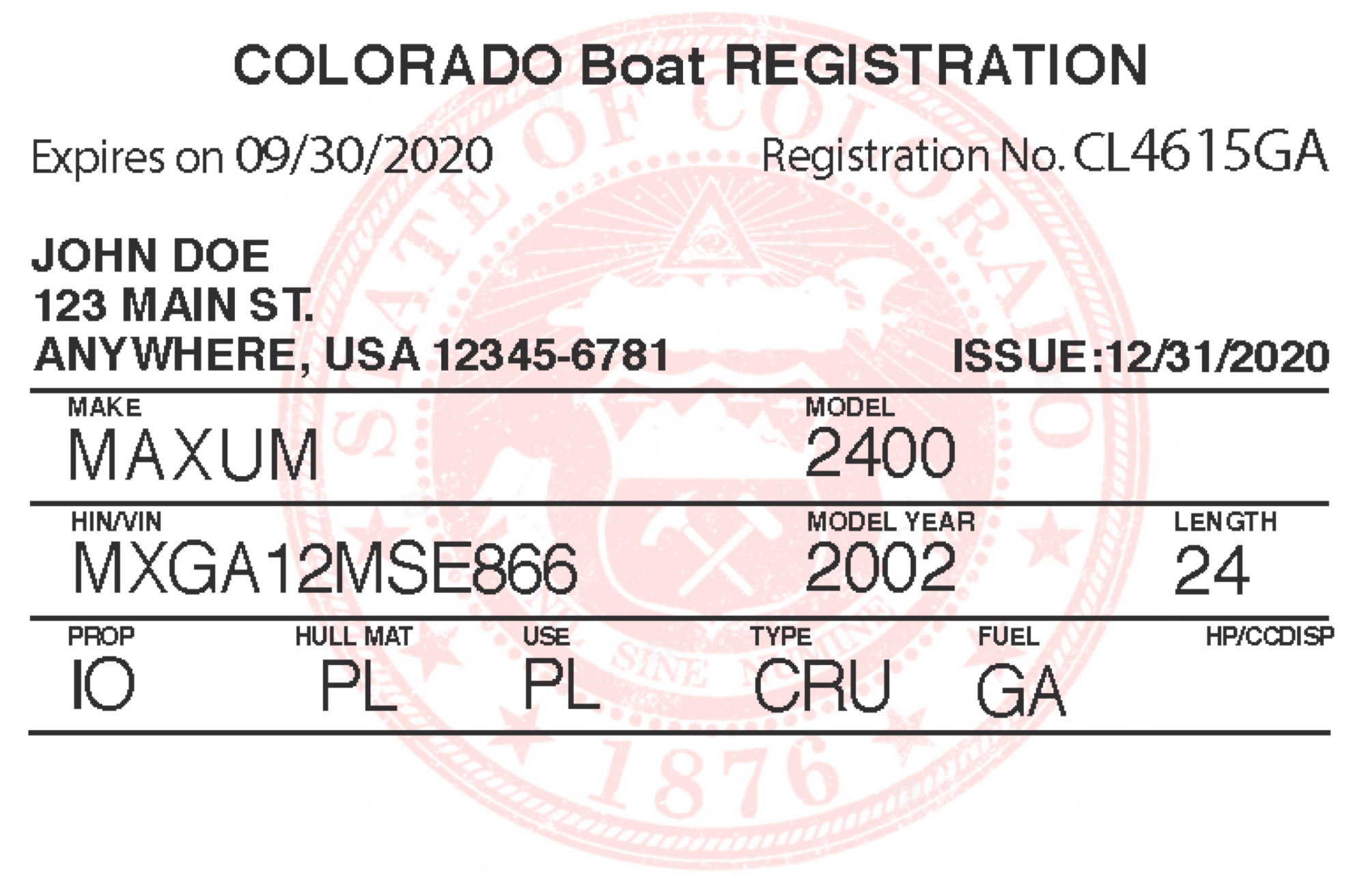 Colorado State Registration Card