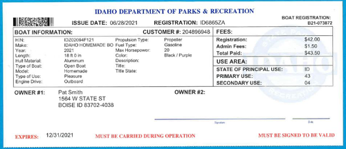 Idaho State Registration Card