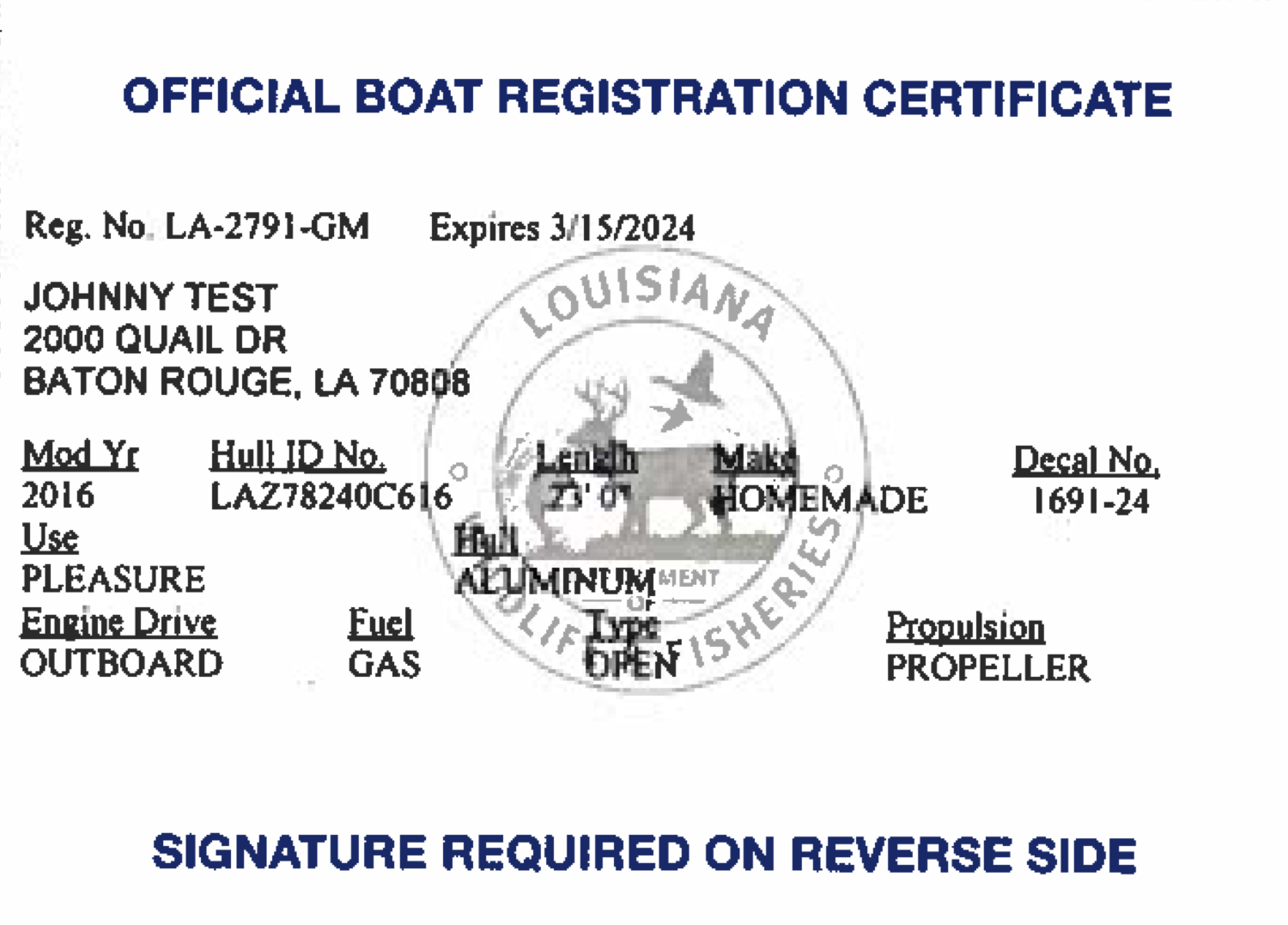 Louisiana State Registration Card