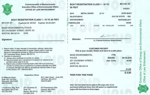 Massachusetts State Registration Card