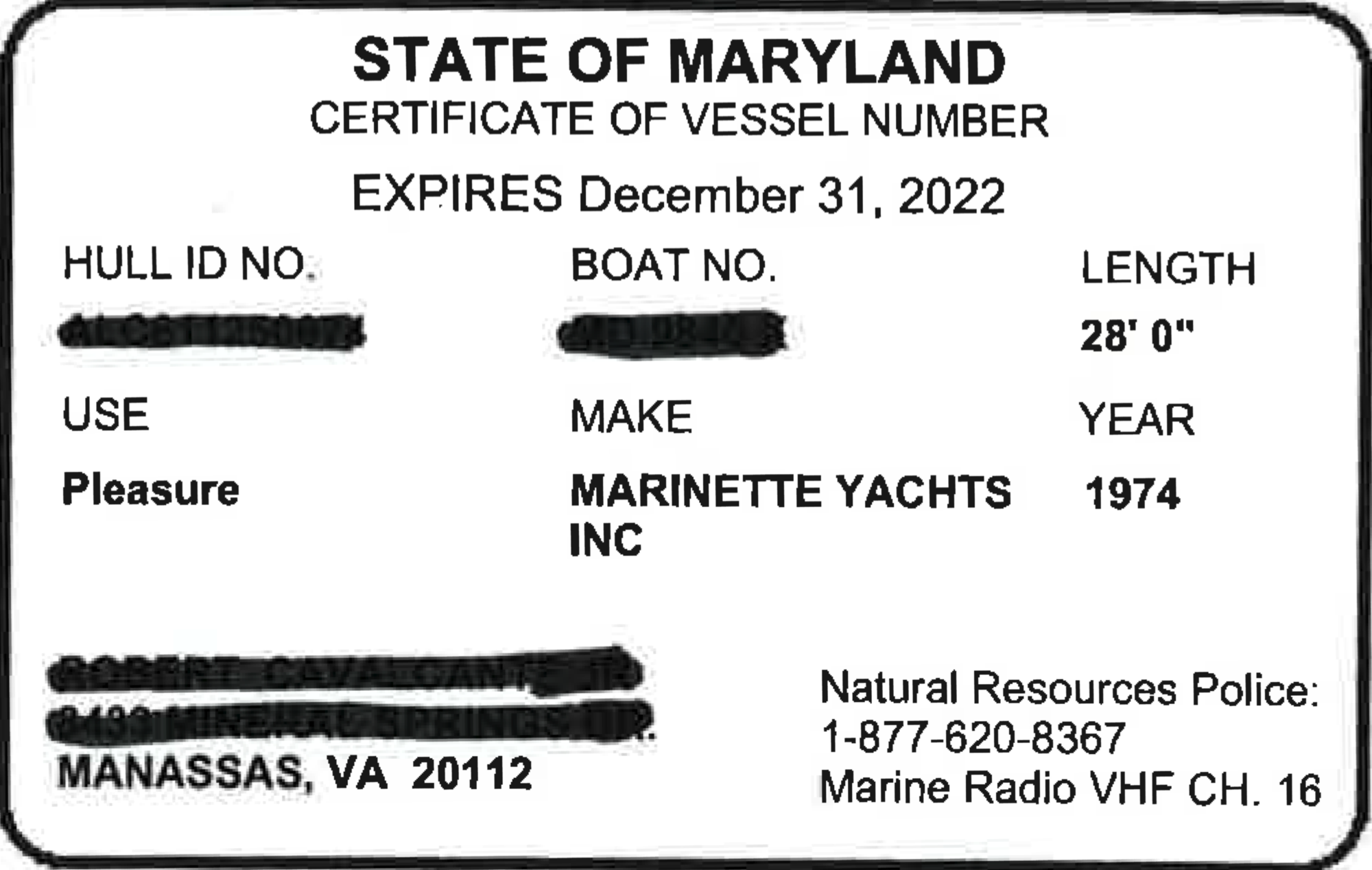 Maryland State Registration Card