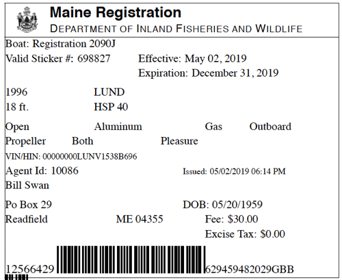 Maine State Registration Card