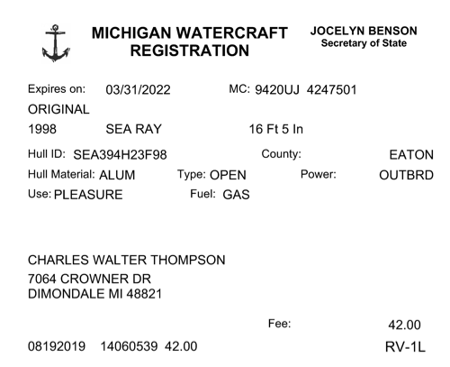 Michigan State Registration Card