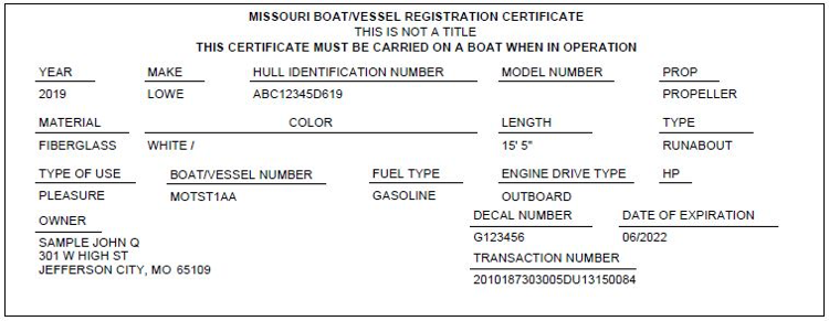 Missouri State Registration Card