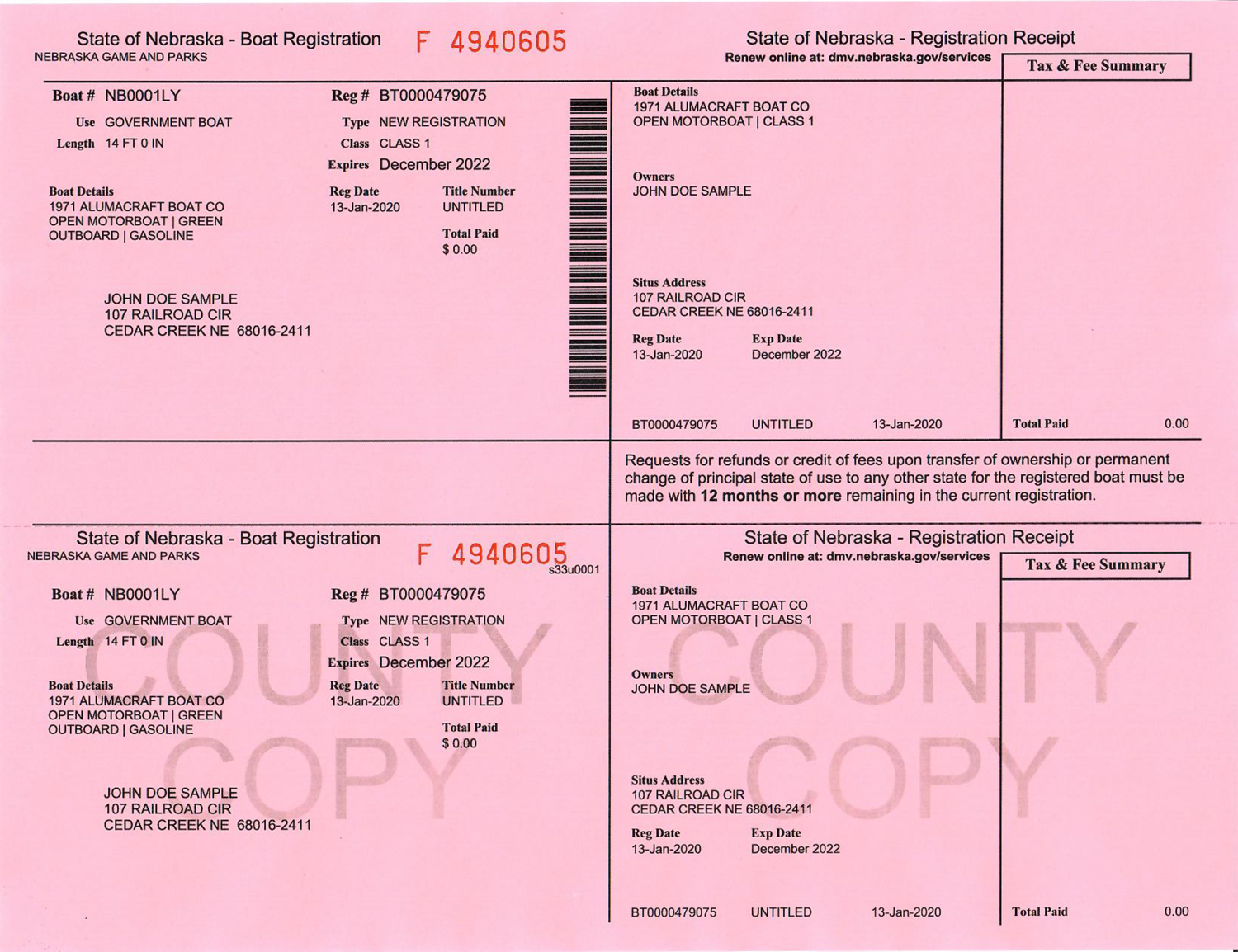 Nebraska State Registration Card