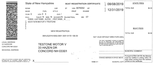 New Hampshire State Registration Card