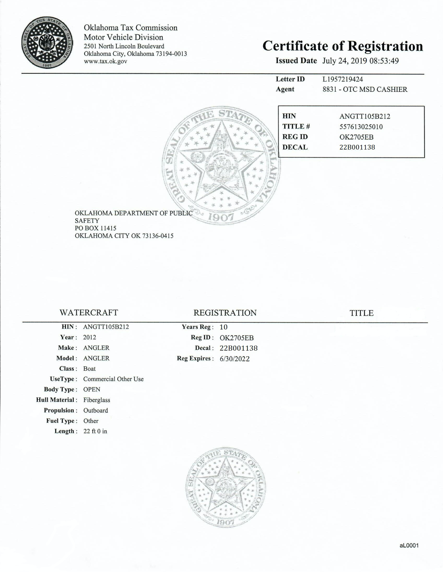 Maryland State Registration Card