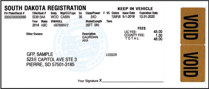 South Dakota State Registration Card
