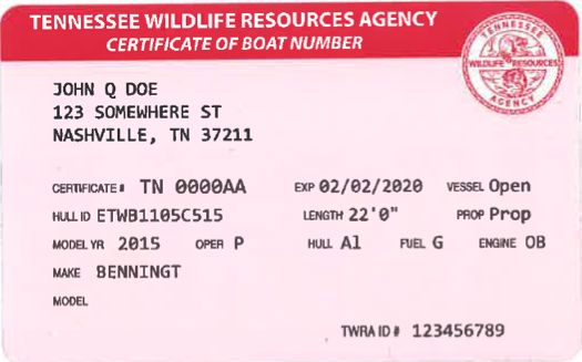 Tennessee State Registration Card