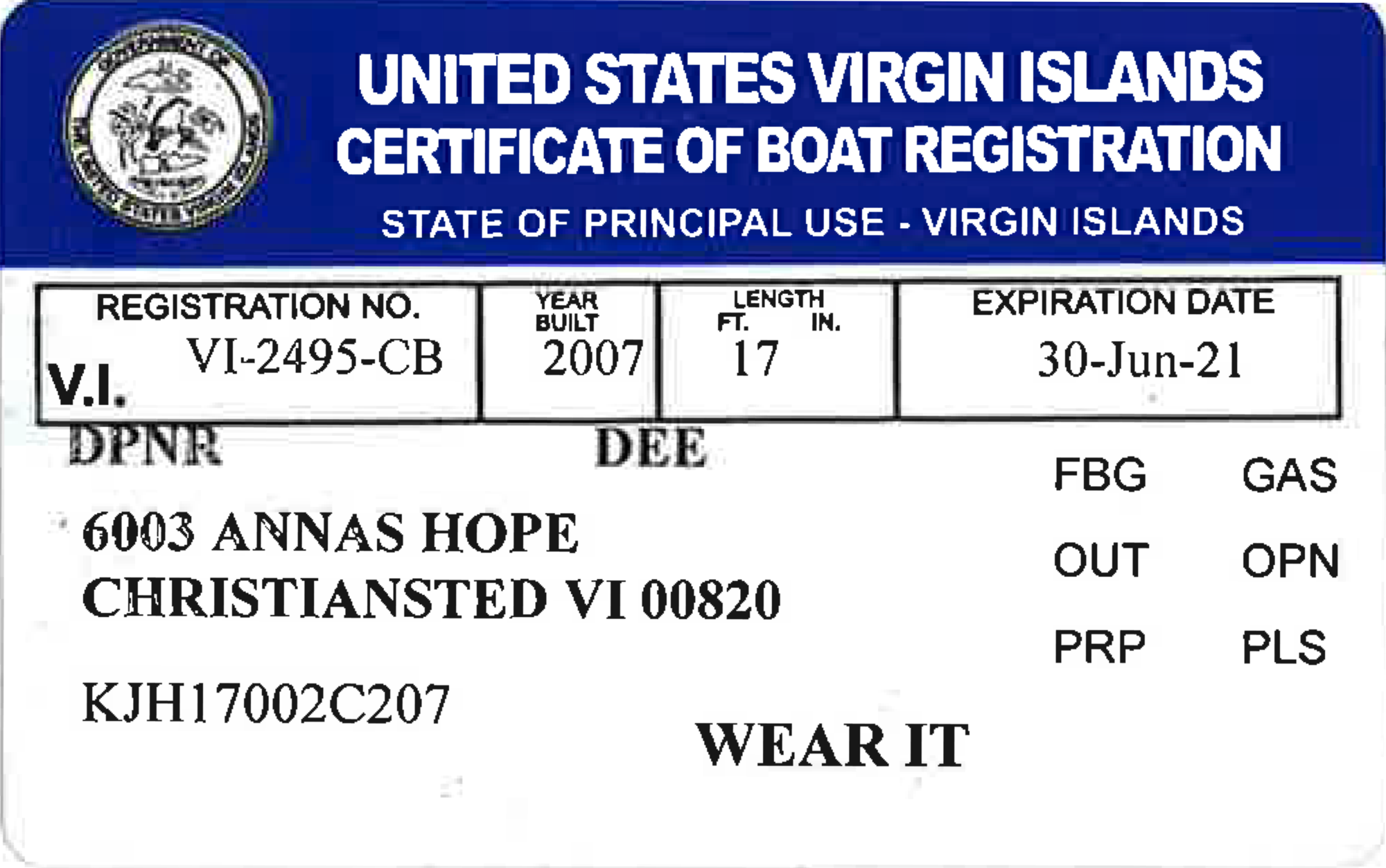 U.S. Virgin Islands Registration Card