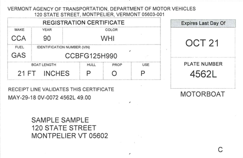 Vermont State Registration Card