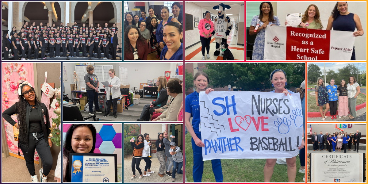 Collage of 11 photos featuring school nurses in group settings—at conferences, in schools, and during recognition moments—along with a few individual portraits. The images show nurses posing together, receiving awards, teaching or presenting, and celebrating their work across a variety of environments.